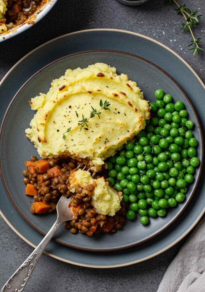 vegan shepherd’s pie, plant-based shepherd’s pie, lentil shepherd’s pie, vegan comfort food, dairy-free shepherd’s pie,